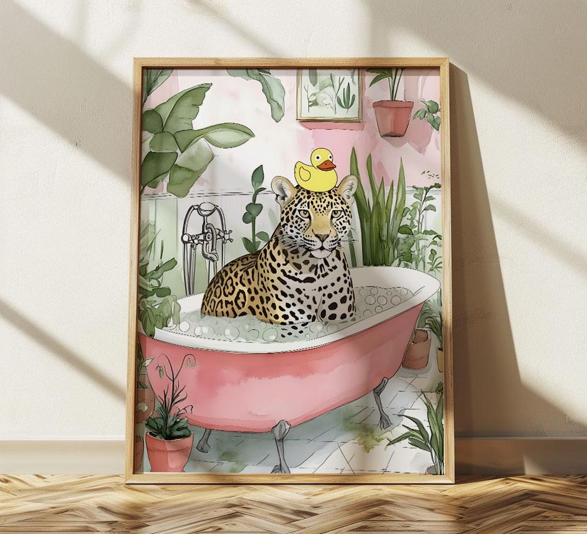 Leopard Relaxing In Pink Bathtub With Rubber Duck Watercolor Poster - Image 2