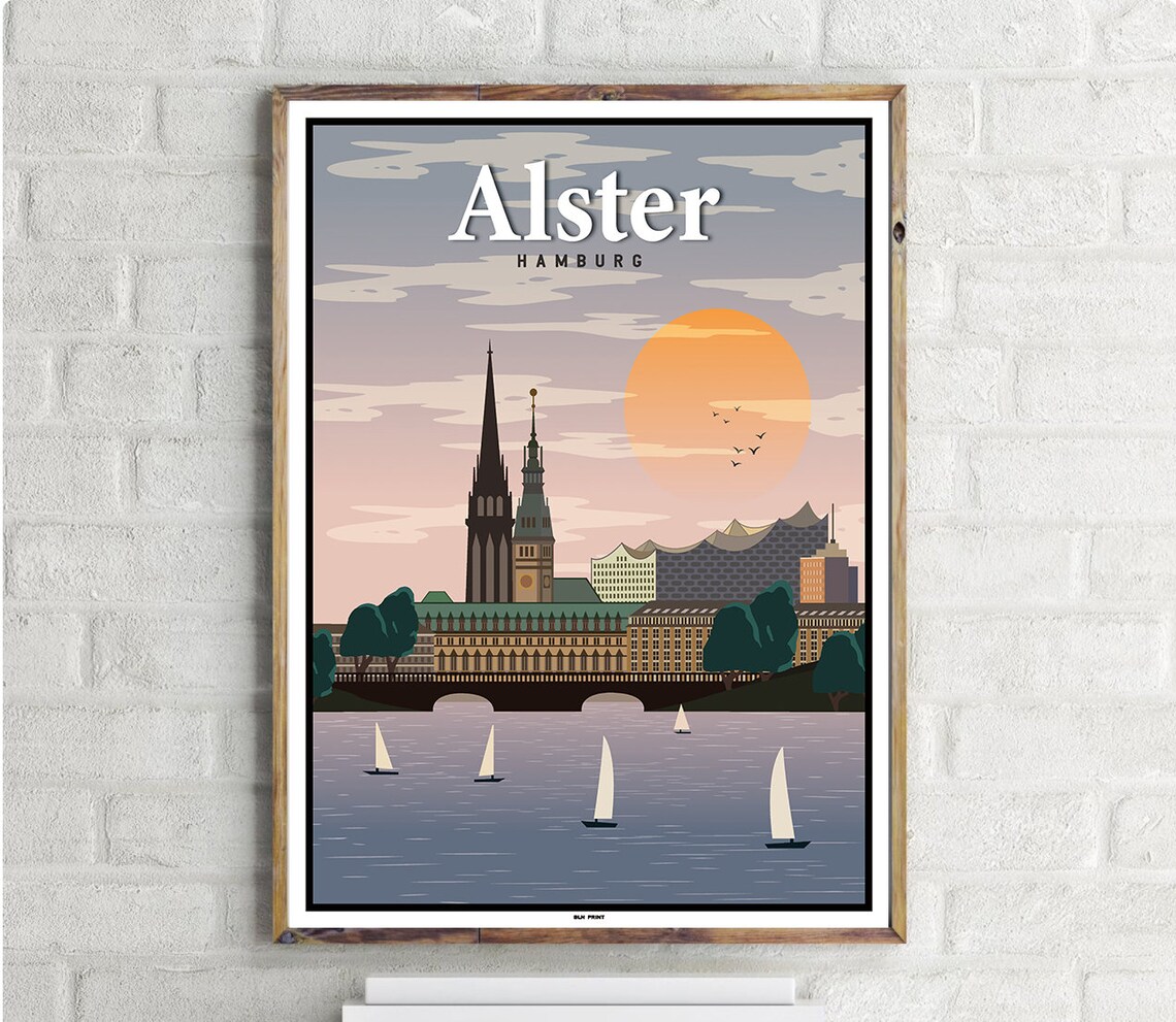 Alster Vintage Travel Poster, Cityscape Art Print