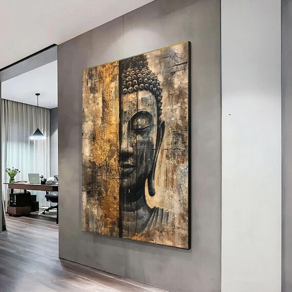 Tranquil Buddha Canvas Wall Art Golden And Gray Spiritual Decor Meditation Room Decoration Zen Home Print Peaceful Portrait
