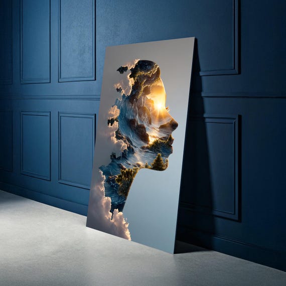 Surreal Woman Silhouette Double Exposure Landscape Canvas Mountain Sunset Art Nature And Human Connection Modern Wall Decoration