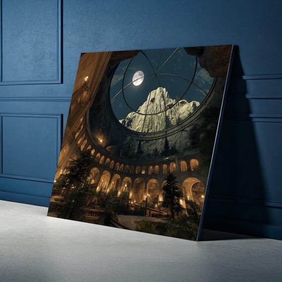 Enchanted Moonlit Courtyard Circular Archways Canvas Mountain View Wall Art Nighttime Nature Scene Elegant Home Decor