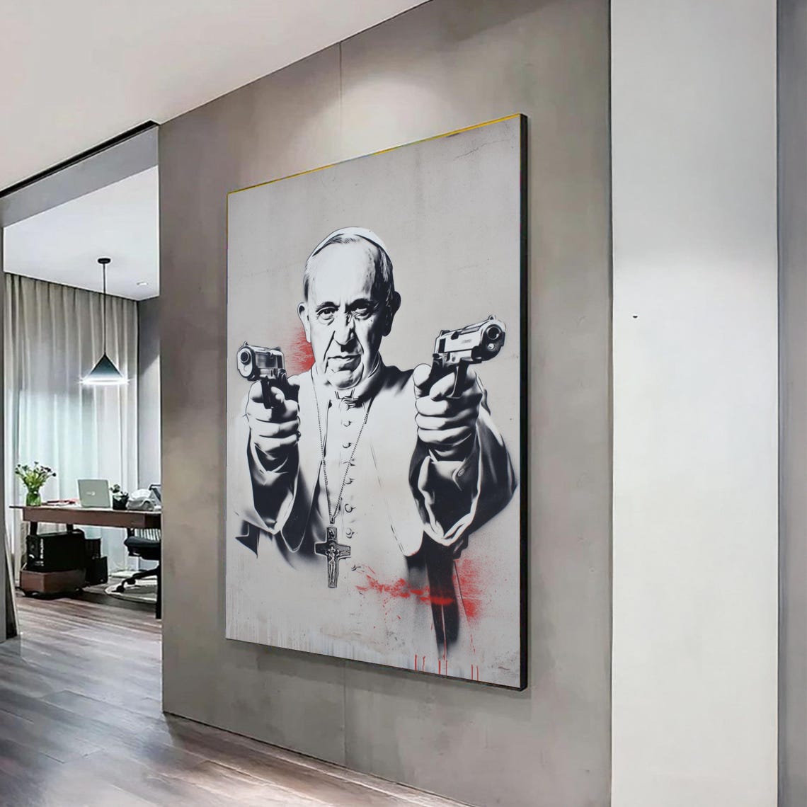 Bold Pope Figure Dual Pistols Black White Graffiti Street Art Poster