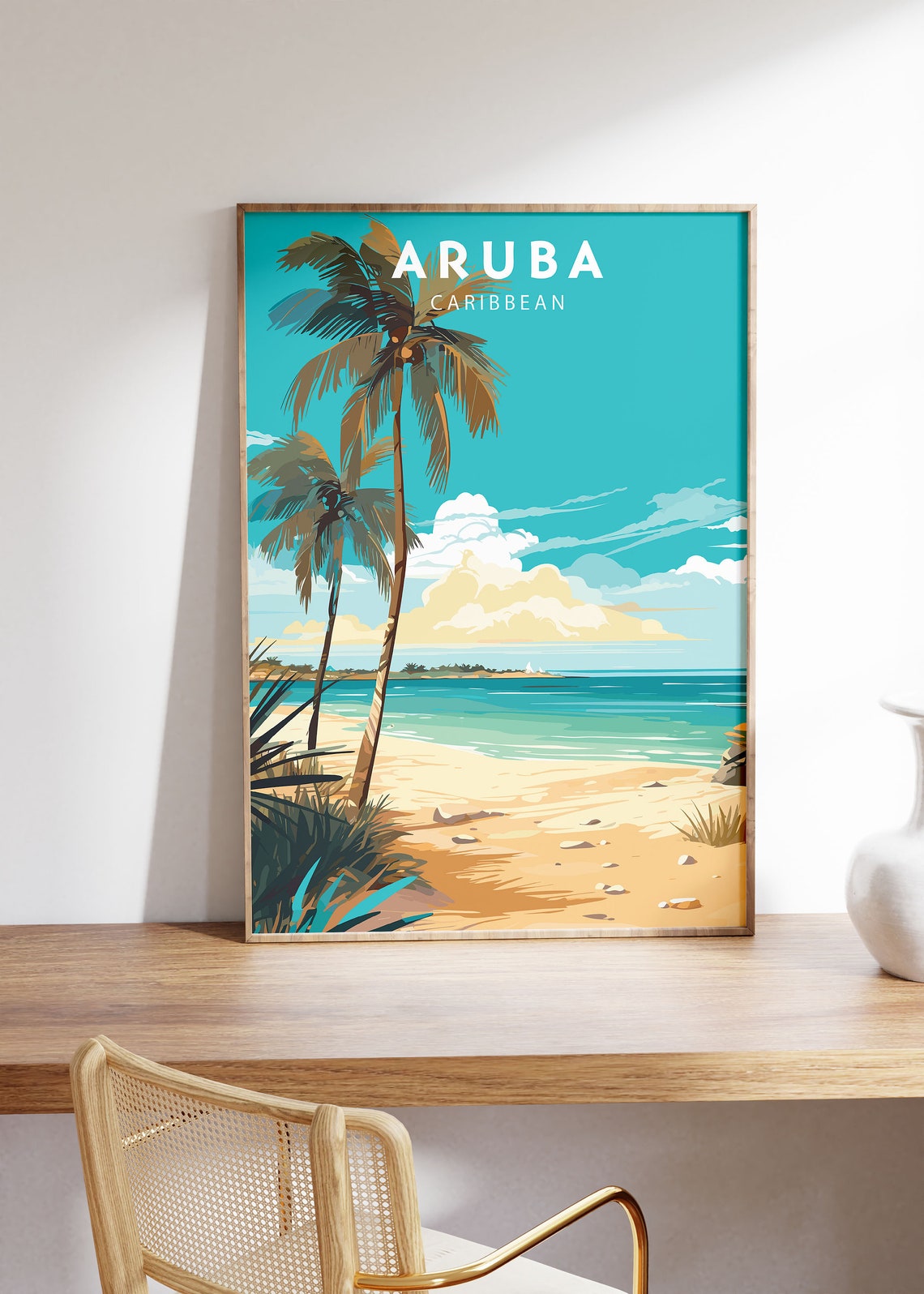 Aruba Caribbean Palm Tree Beach Turquoise Sea View Travel Poster - Image 2