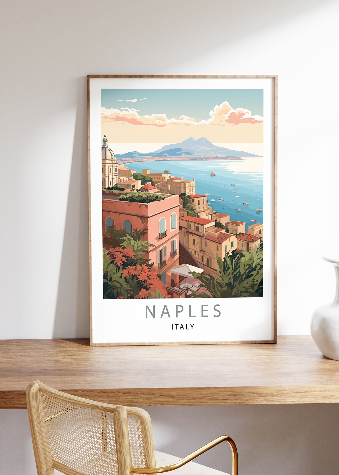 Naples Italy Bay Vesuvius View Hillside Town Scene Travel Poster - Image 2