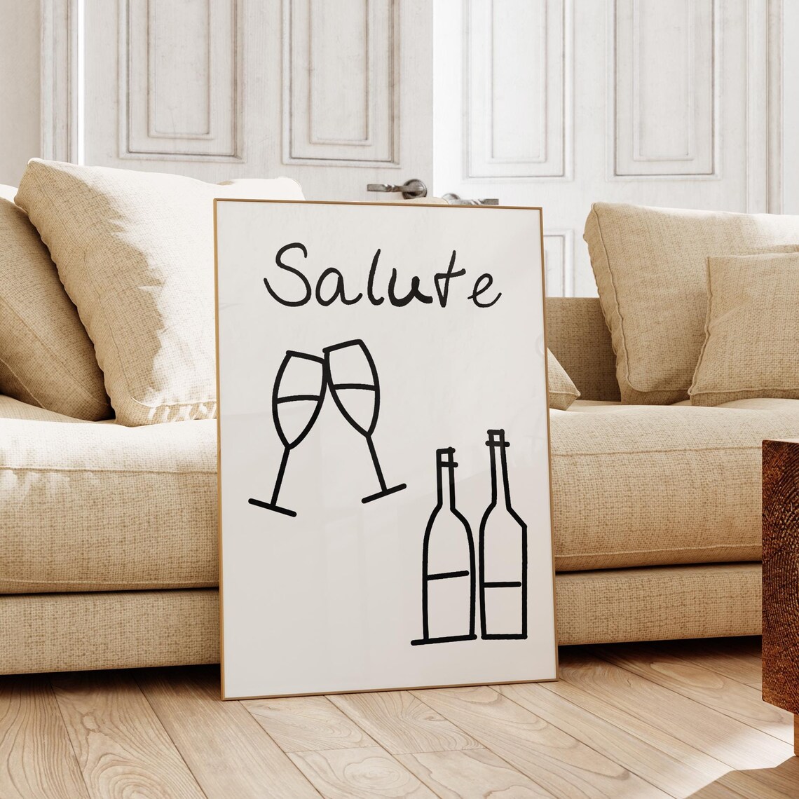 Salute Champagne Toast Minimalist Line Art Kitchen Bar Poster