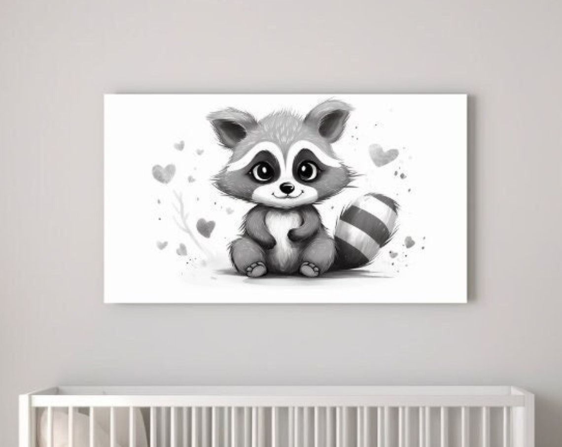 Cute Baby Raccoon with Tiny Hearts Grayscale Nursery Wall Art Poster