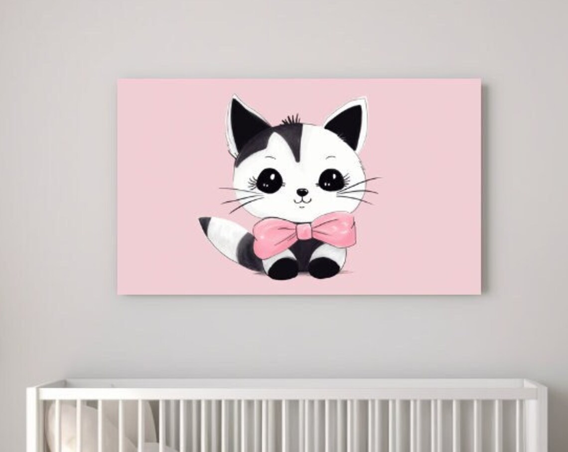 Sweet Baby Kitten with Pink Bow on Blush Pink Nursery Wall Art