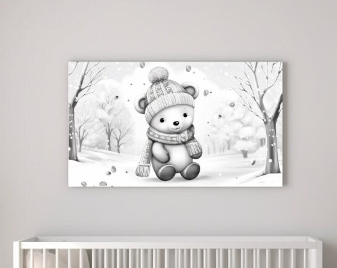 Baby Bear in Knit Hat Walking Snowy Woodland Winter Nursery Poster
