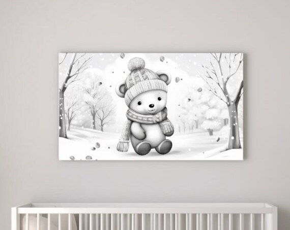 Baby Bear in Knit Hat Walking Snowy Woodland Winter Nursery Poster