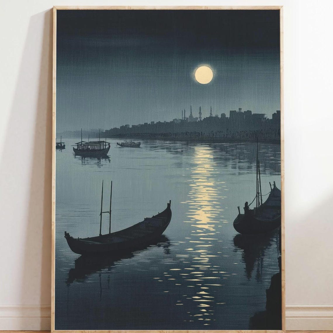 Moonlit Reflection Sumida Japandi Night Wall Art Minimalist Zen Landscape Print Wabi Sabi Tranquil River Scene