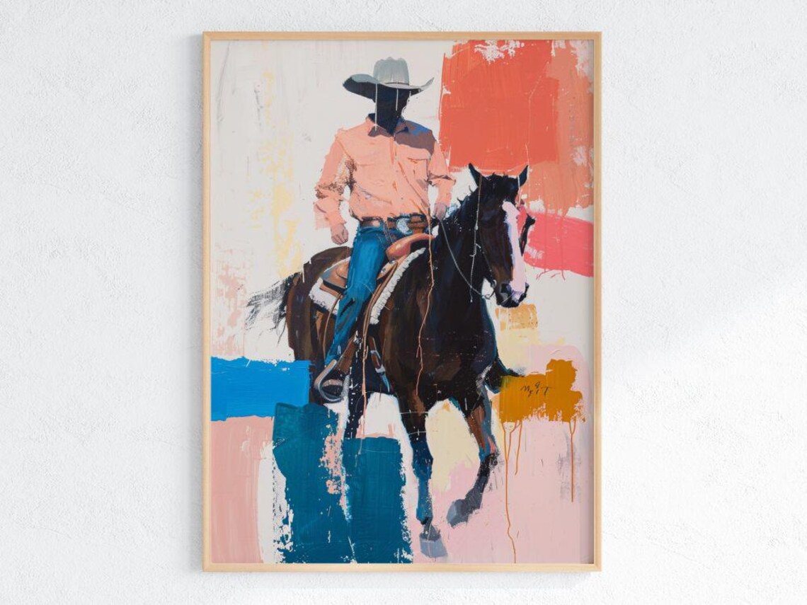 Modern Abstract Cowboy On Horseback Wall Art Western Ranch Decor In Terracotta Blue Peach Rustic Minimalist Print