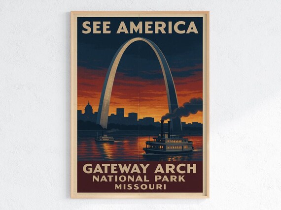 Gateway Arch National Park See America Missouri Sunset Travel Poster