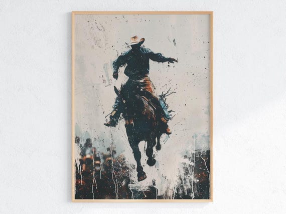 Rodeo Cowboy Poster Splashing Mud Arena Western Art Action Wall Print For Ranch House Farmhouse Or Americana Decor