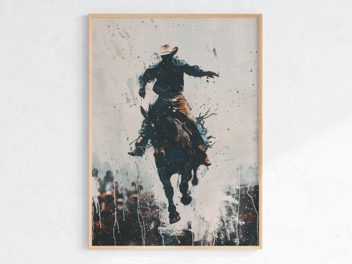Rodeo Cowboy Bucking Bronco Splash Arena Action Western Horse Art Poster