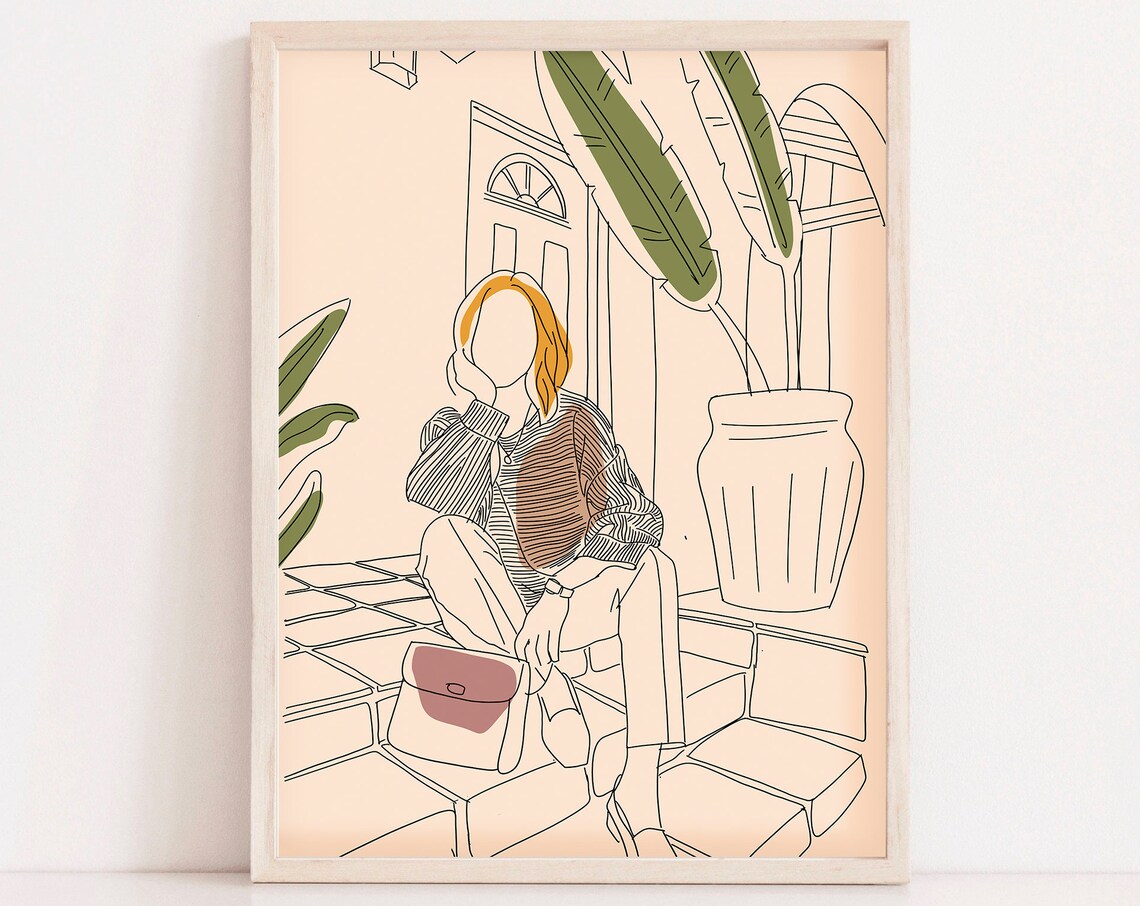 Woman Steps Handbag Fashion Line Art Illustration Deco Poster
