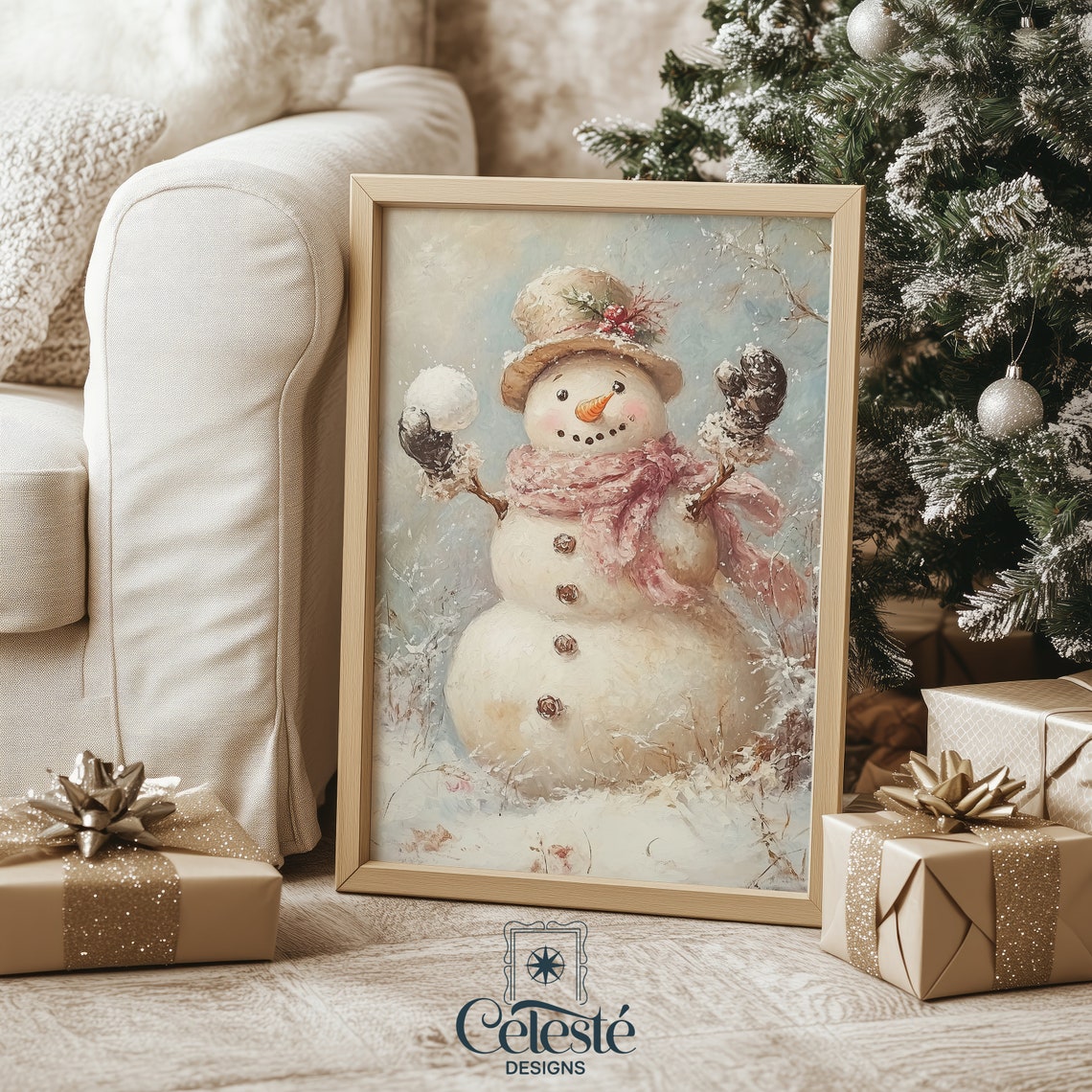 Friendly Snowman Straw Hat Pink Scarf Waving Winter Holiday Poster