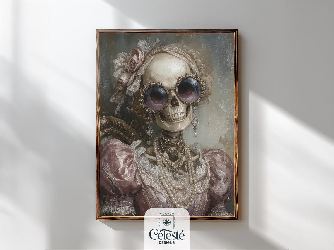 Glam Gothic Skeleton Print Rococo Pearls Sunglasses
