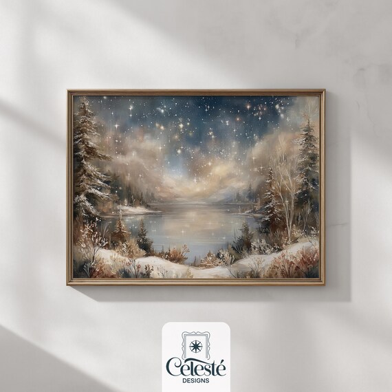 Starry Night Sky Over Frozen Winter Lake Pines Watercolor Wall Art
