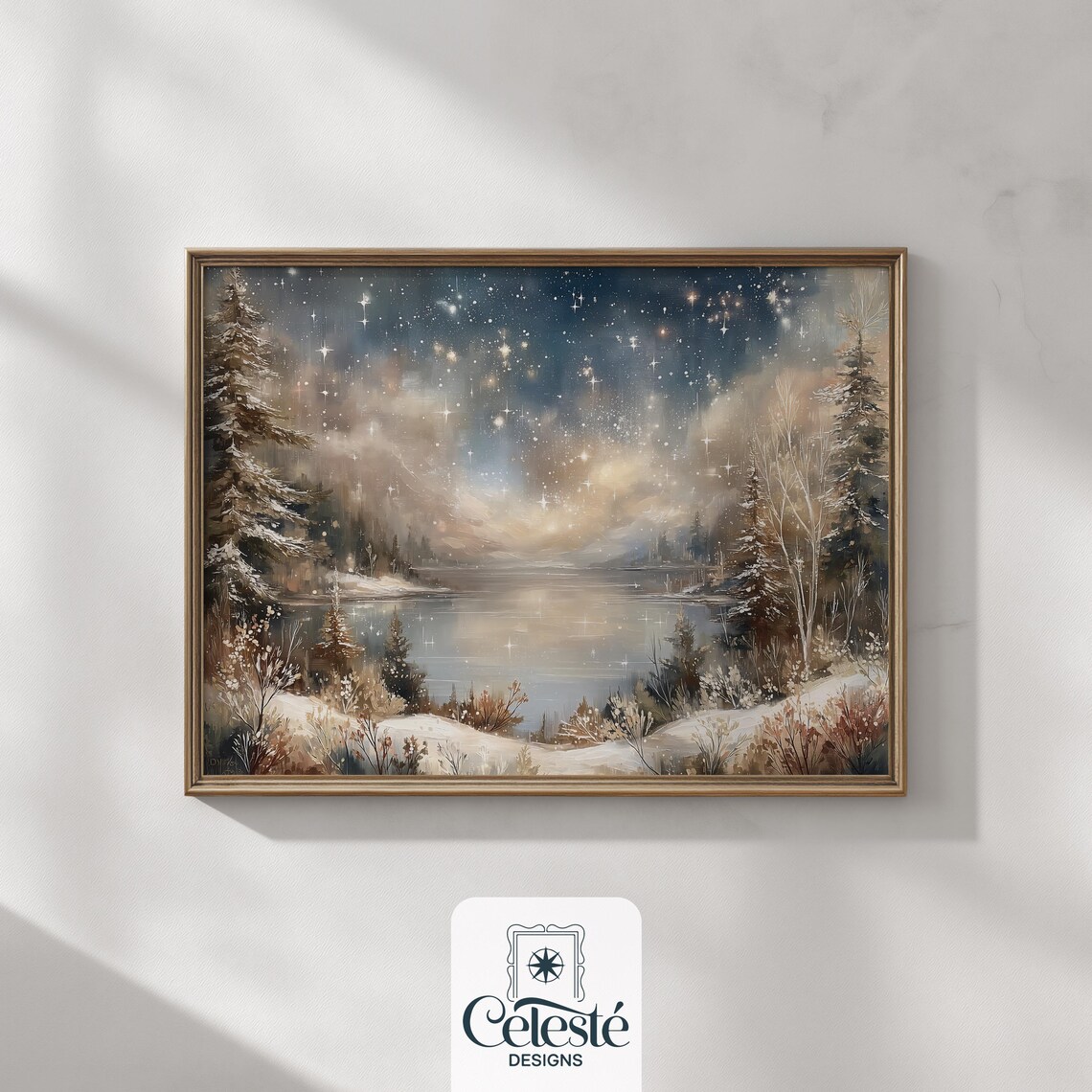 Starry Night Sky Over Frozen Winter Lake Pines Watercolor Wall Art