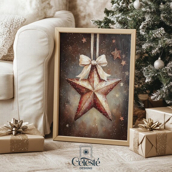 Vintage Red Star Christmas Ornament With Bow on Dark Navy Night Print