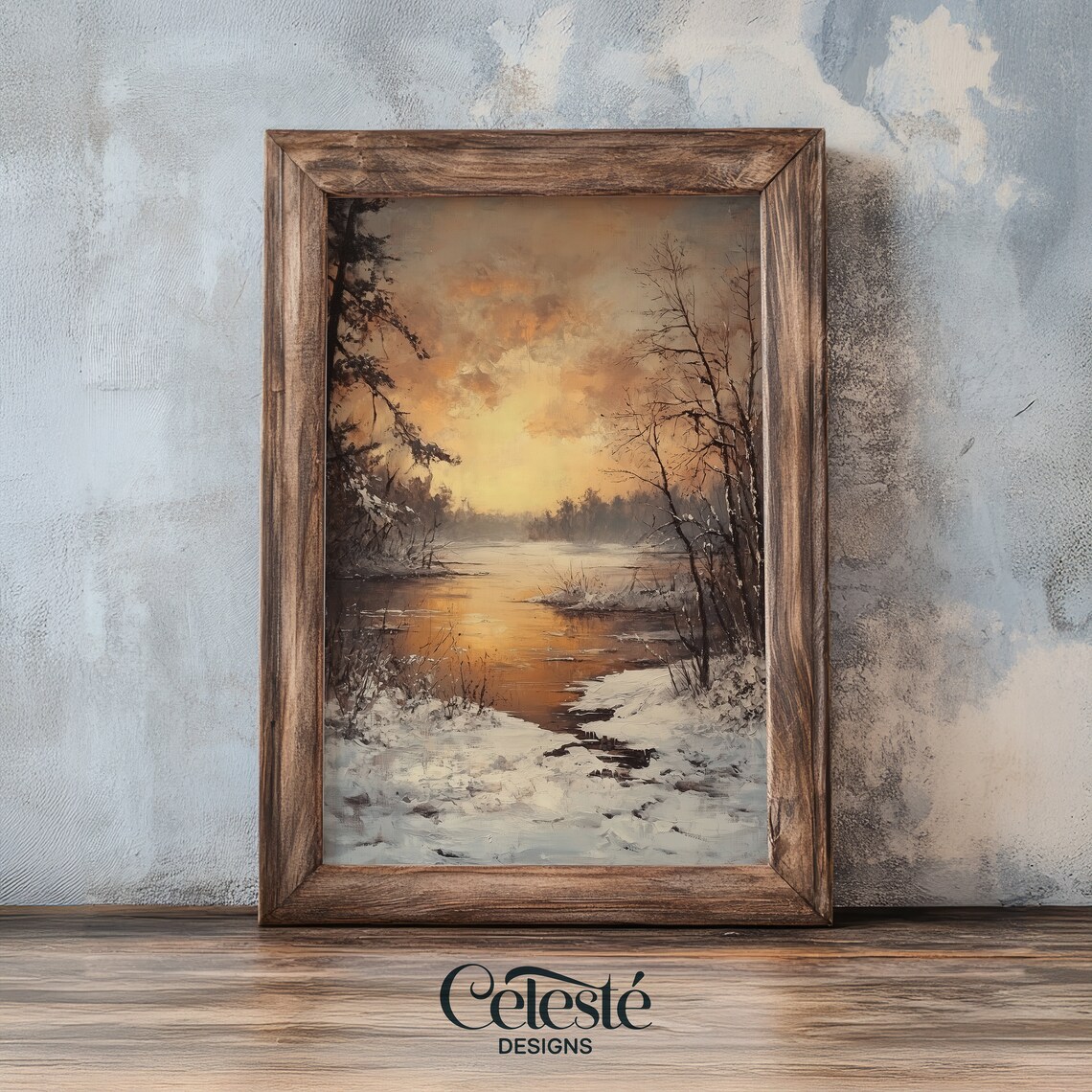 Golden Sunset Winter River Snowy Landscape Vintage Oil Painting Poster