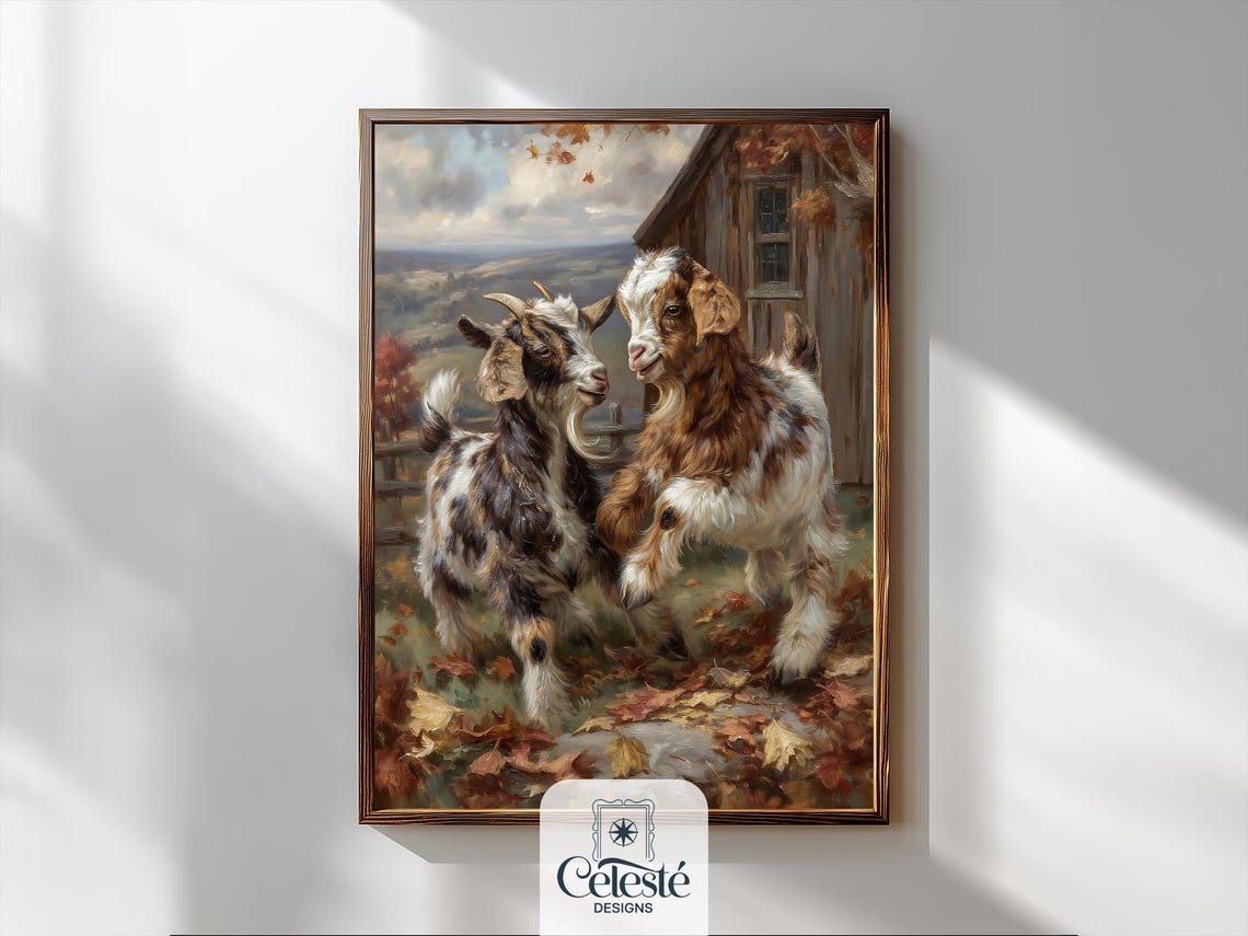 Playful Baby Goats In Autumn Leaves Rustic Farmhouse Fall Nursery Wall Art