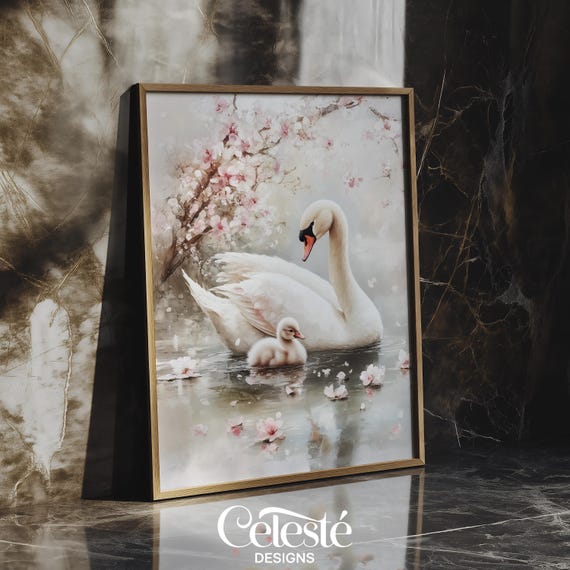 Swan Family Print Cherry Blossom Nursery Wall Art