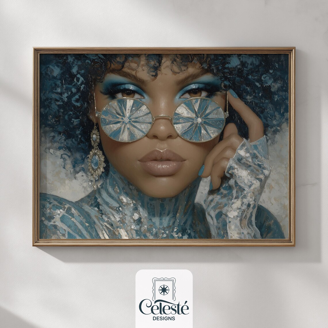 Glamorous Woman Jeweled Sunglasses Blue Curly Hair Art Poster