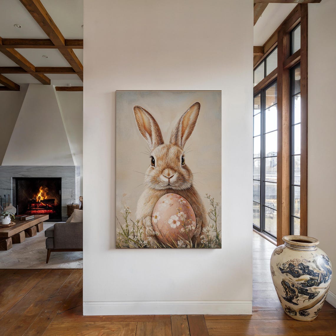 Cute Bunny Holding Decorated Easter Egg Floral Spring Portrait Poster