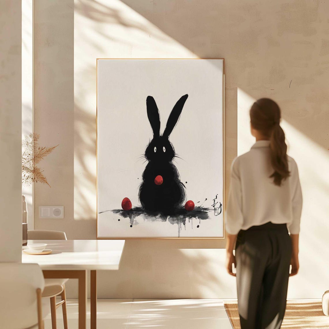 Minimalist Black Ink Bunny Rabbit Abstract Easter Egg Art Wall Poster - Image 2