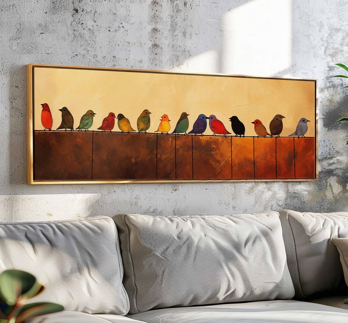 Colorful Birds On Wire Mid Century Modern Abstract Folk Art Poster