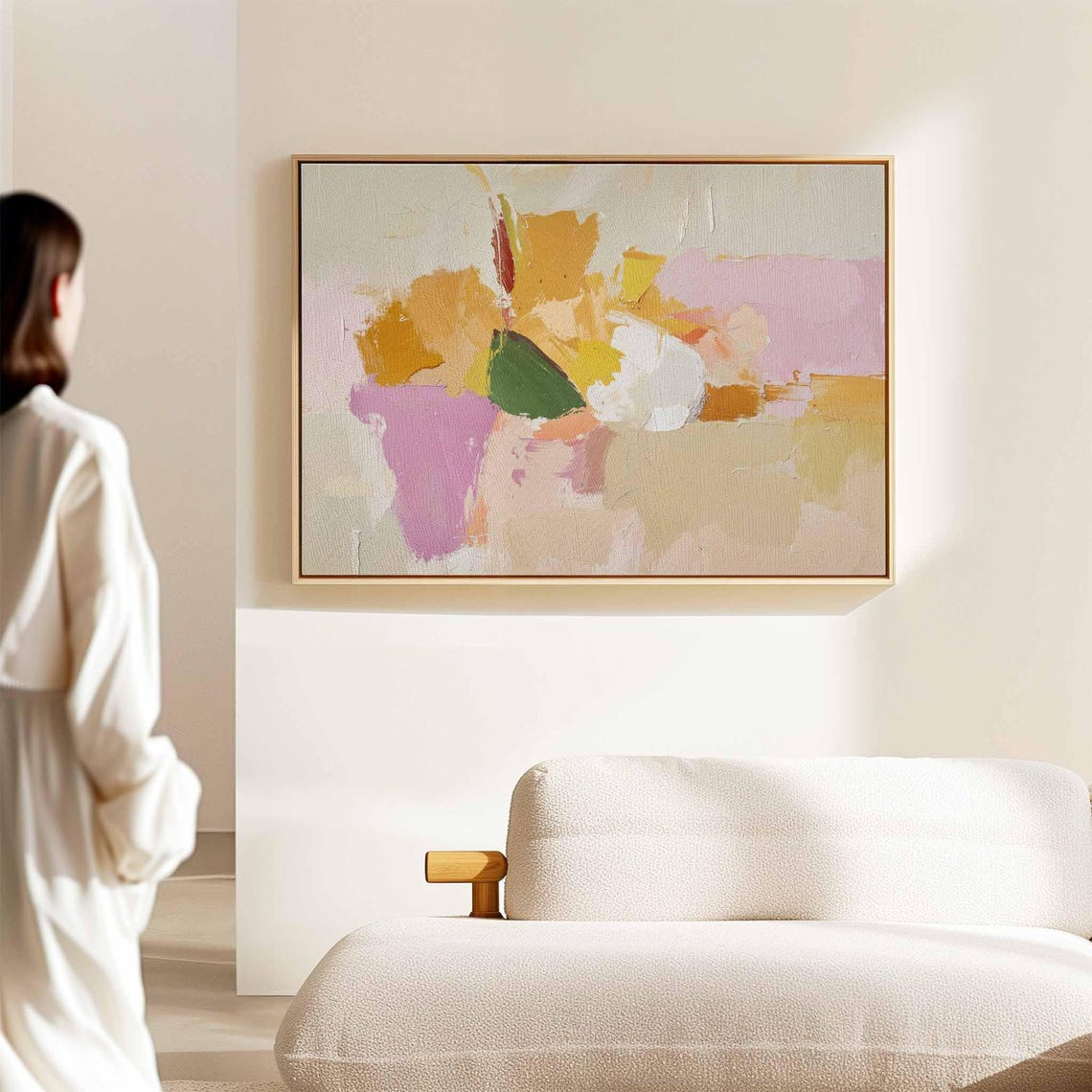 Soft Pastel Abstract Brushstrokes Pink Yellow Cream Modern Wall Art - Image 2