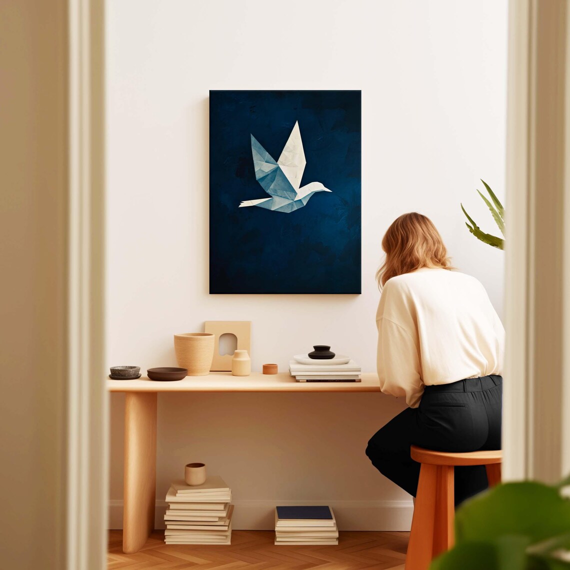 Origami Bird Geometric Paper Crane Navy Blue Modern Decor Poster - Image 2