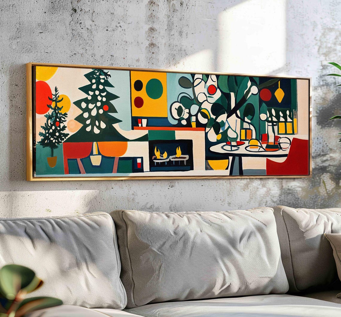 Mid Century Modern Christmas Tree Fireplace Festive Collage Art Print