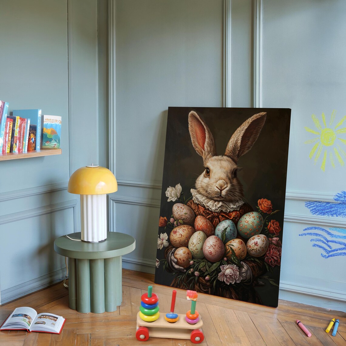Vintage Baroque Easter Bunny Portrait Decorated Eggs Oil Painting Poster - Image 2