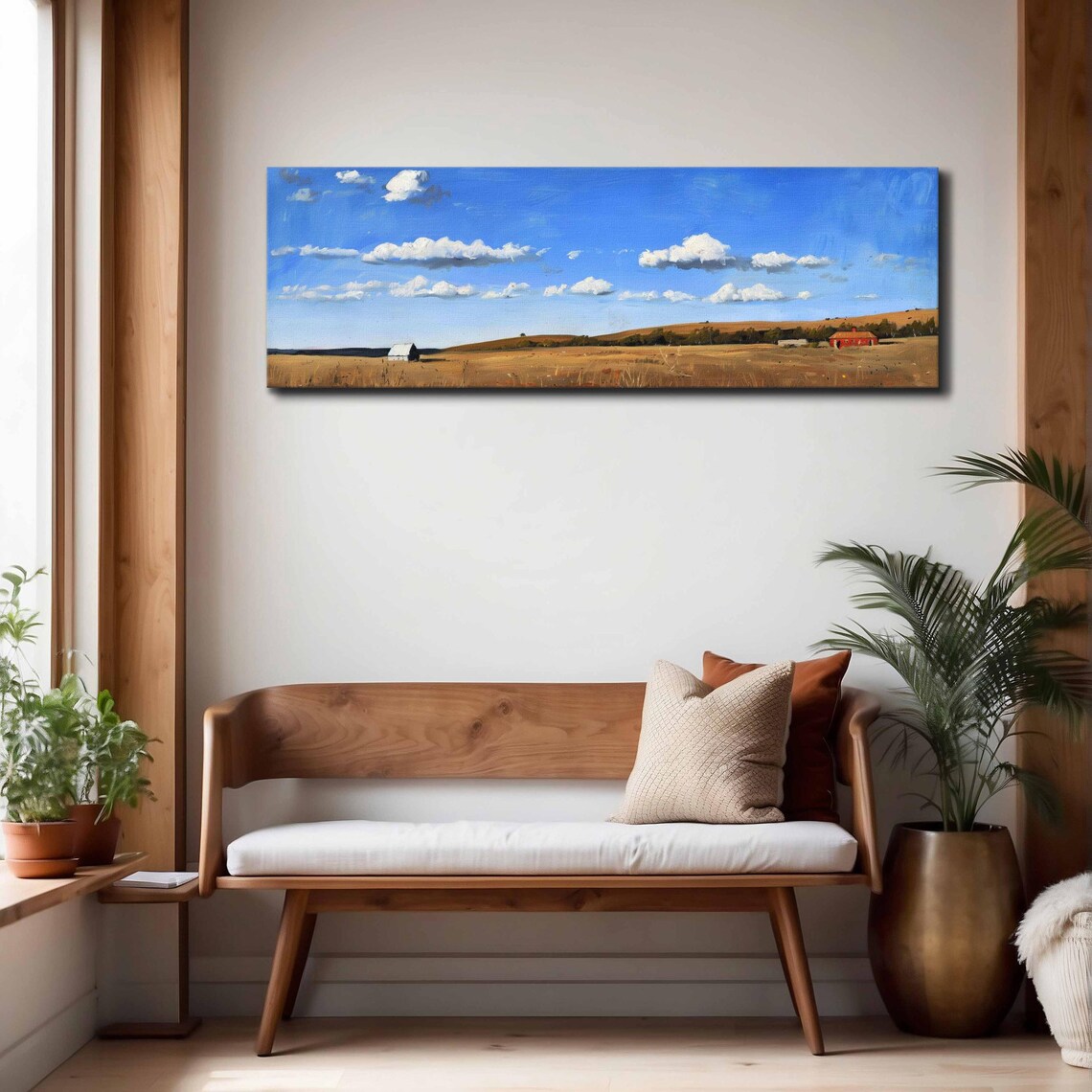 Golden Wheat Field Red Barn White Farmhouse Blue Sky Landscape Print - Image 4
