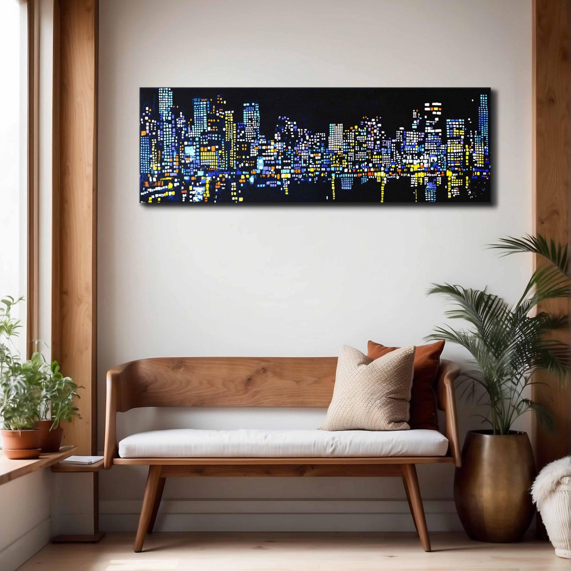 Night City Skyline Mosaic of Glowing Lit Windows Panoramic Wall Art - Image 4