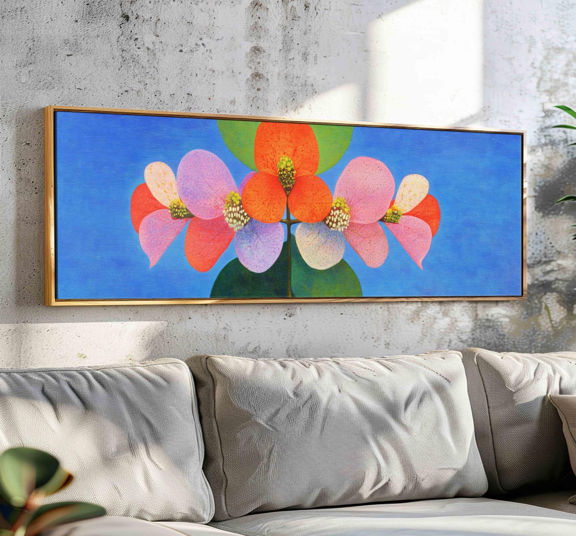 Colorful Geometric Blossoms on Cobalt Blue Modern Floral Wall Art
