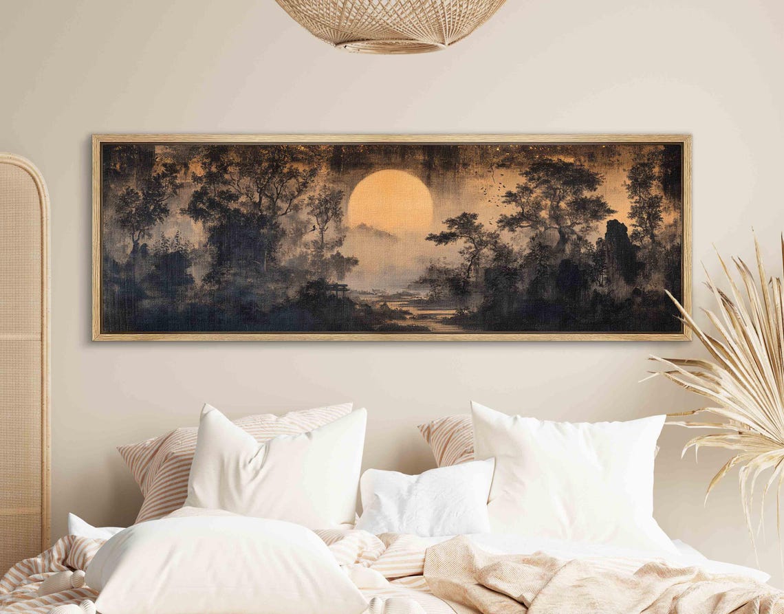 Japanese Full Moon Rising Over Misty Forest Vintage Style Wall Art - Image 2