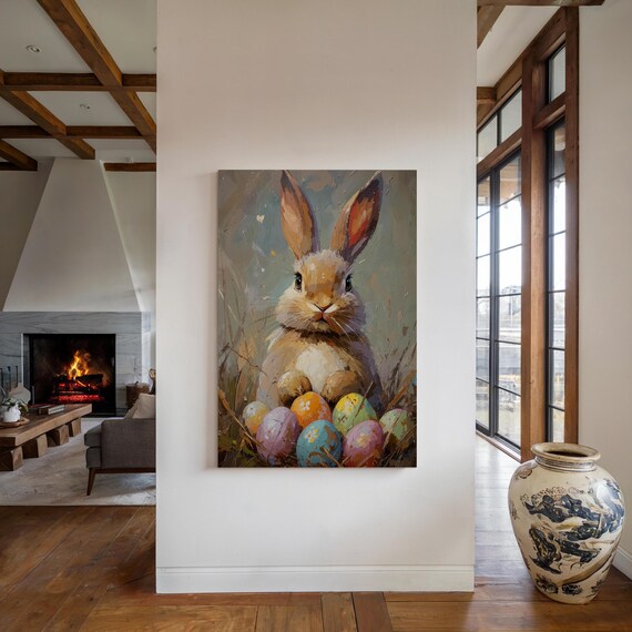 Cute Easter Bunny Colorful Painted Eggs Spring Meadow Painting Poster