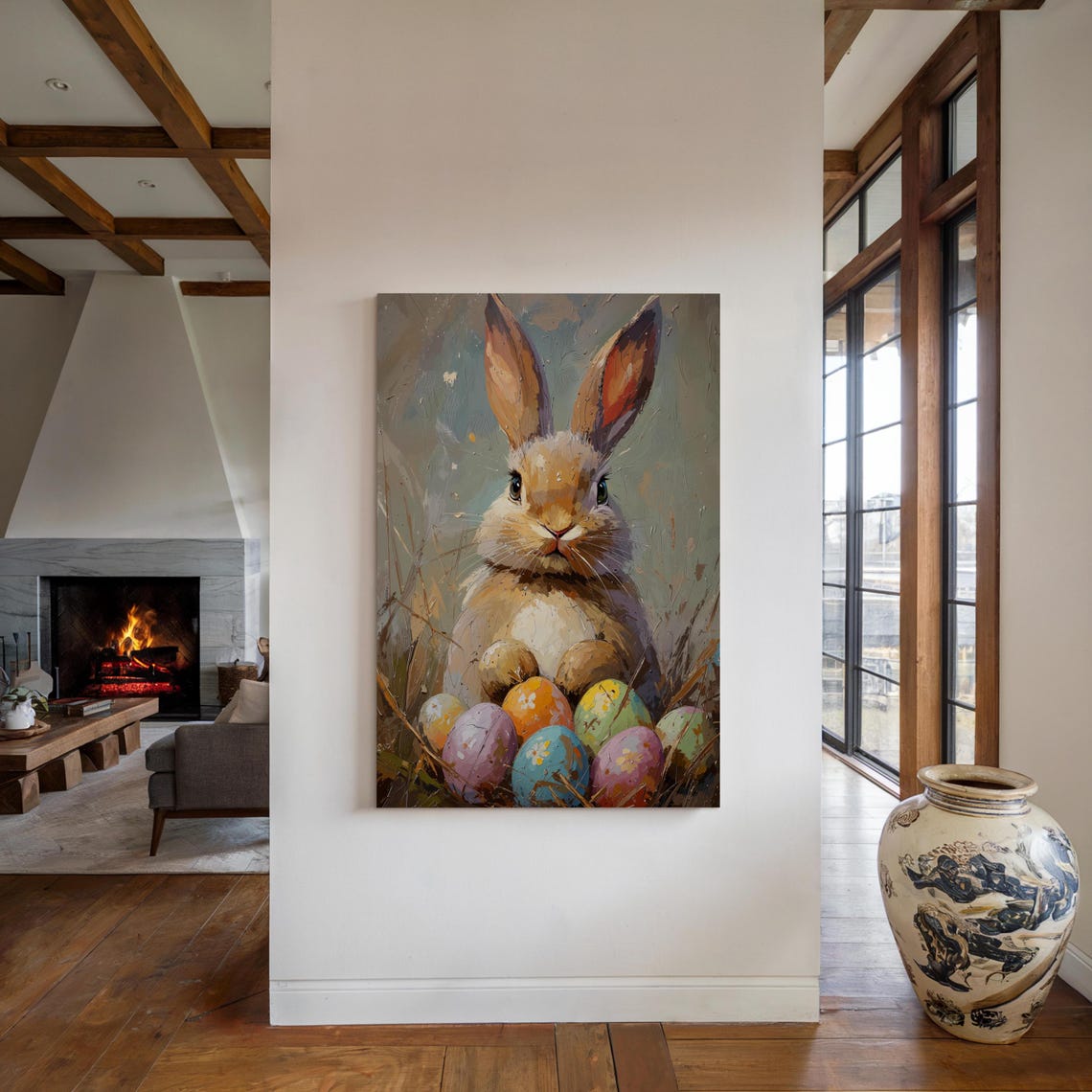 Cute Easter Bunny Colorful Painted Eggs Spring Meadow Painting Poster