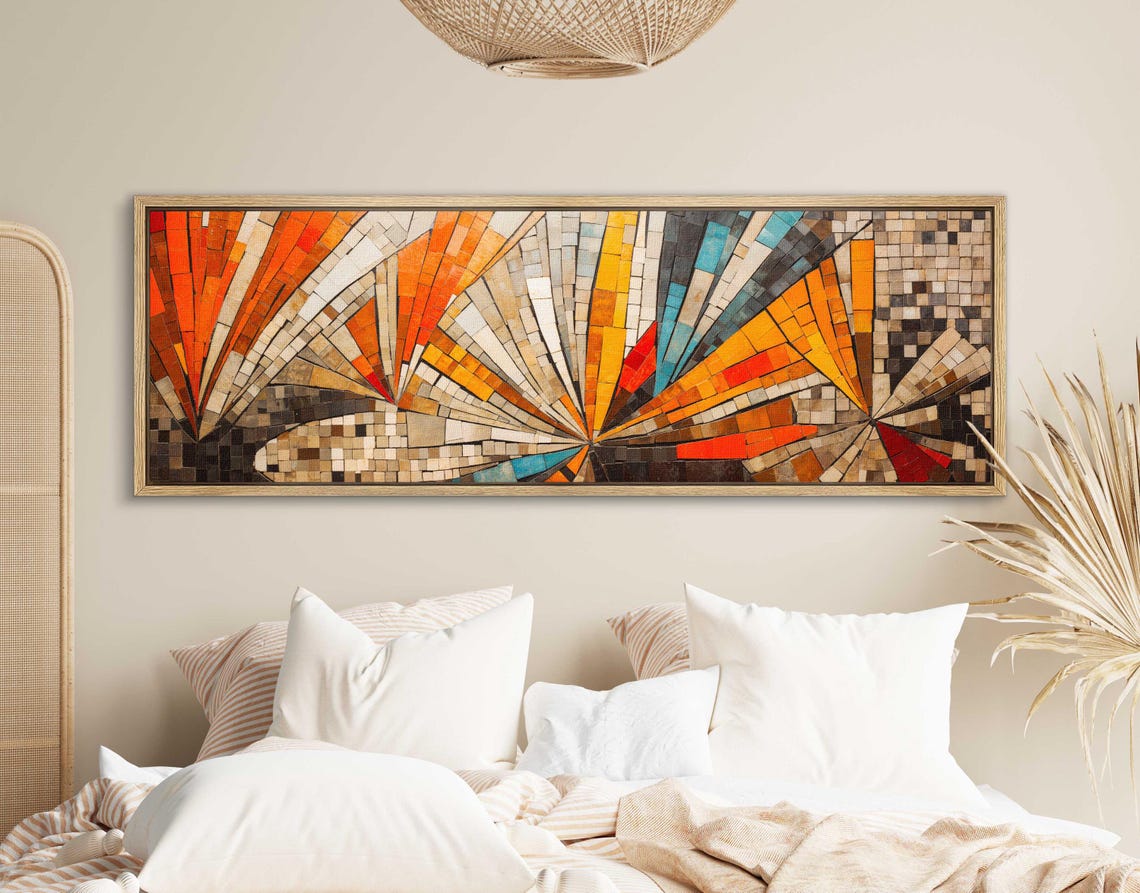 Mid Century Mosaic Sunburst Radiating Tiles Panoramic Framed Art Print - Image 2