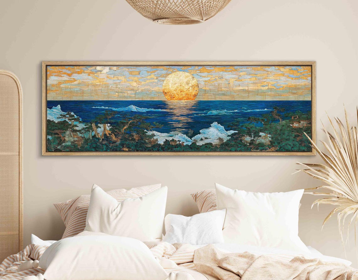Golden Moon Rising Over Deep Blue Ocean Japanese Seascape Wall Art - Image 2