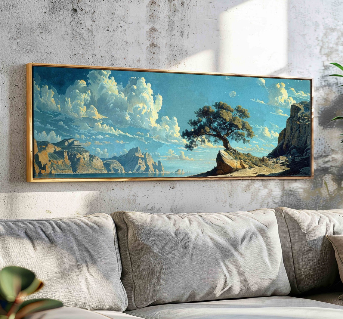 Lone Tree on Rocky Coastal Shore With Dramatic Clouds Travel Poster
