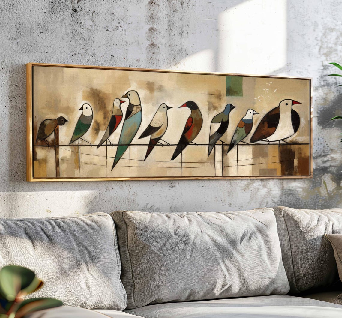Stylized Birds On Wire Teal Rust Beige Mid Century Modern Art Poster