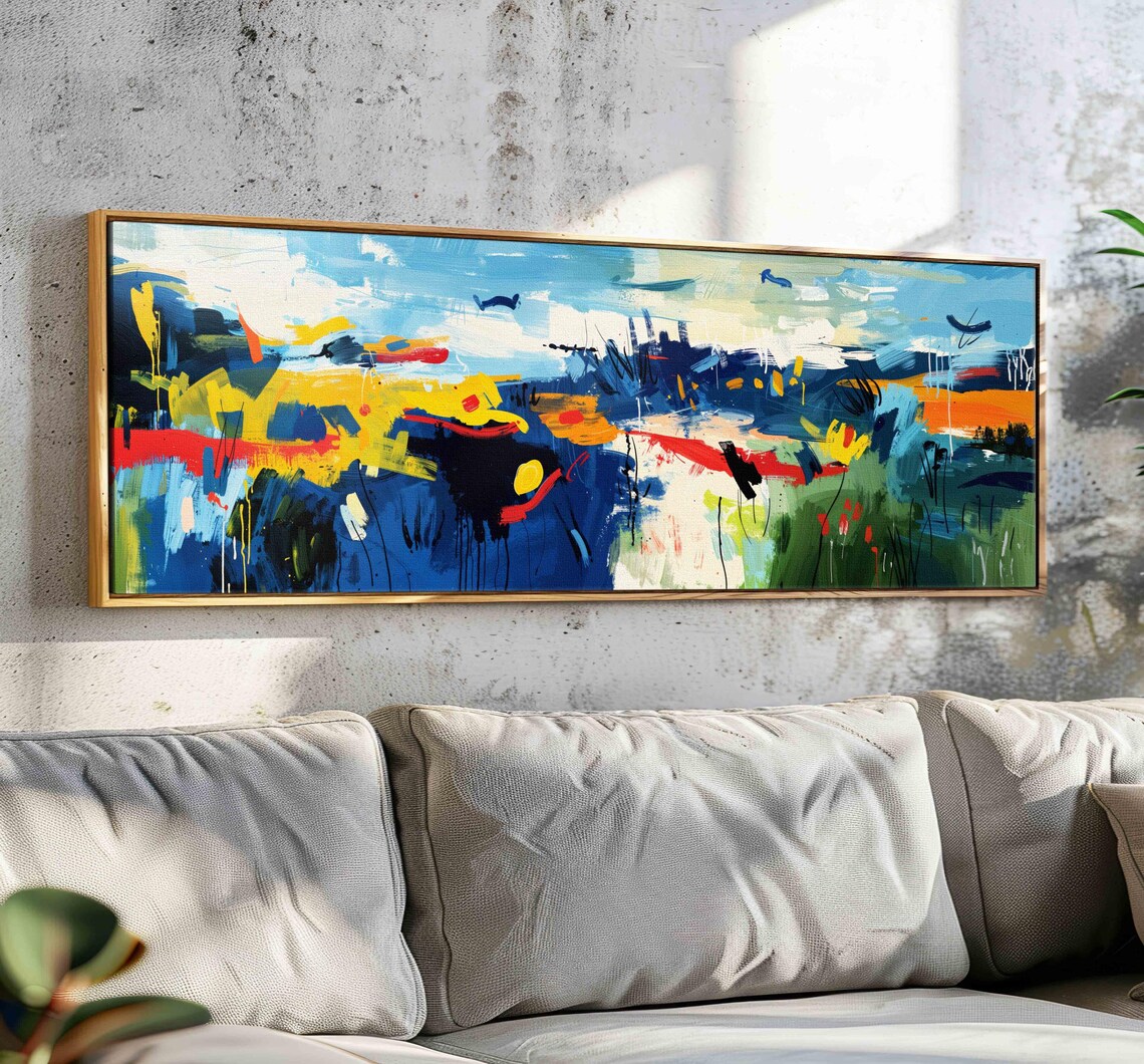 Colorful Abstract Landscape Bold Blue Yellow Panoramic Art Poster