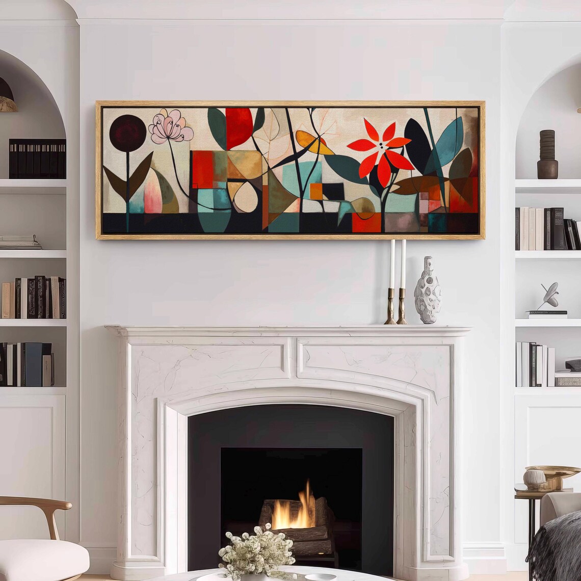 Mid Century Modern Geometric Floral Red Blooms Abstract Wall Art - Image 3