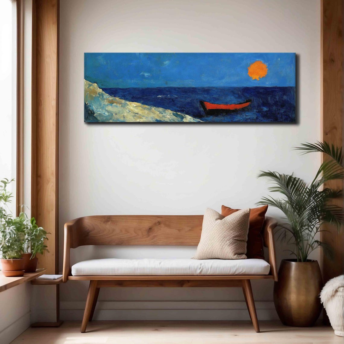 Expressionist Seascape Red Boat Orange Sun Blue Ocean Art Print - Image 4