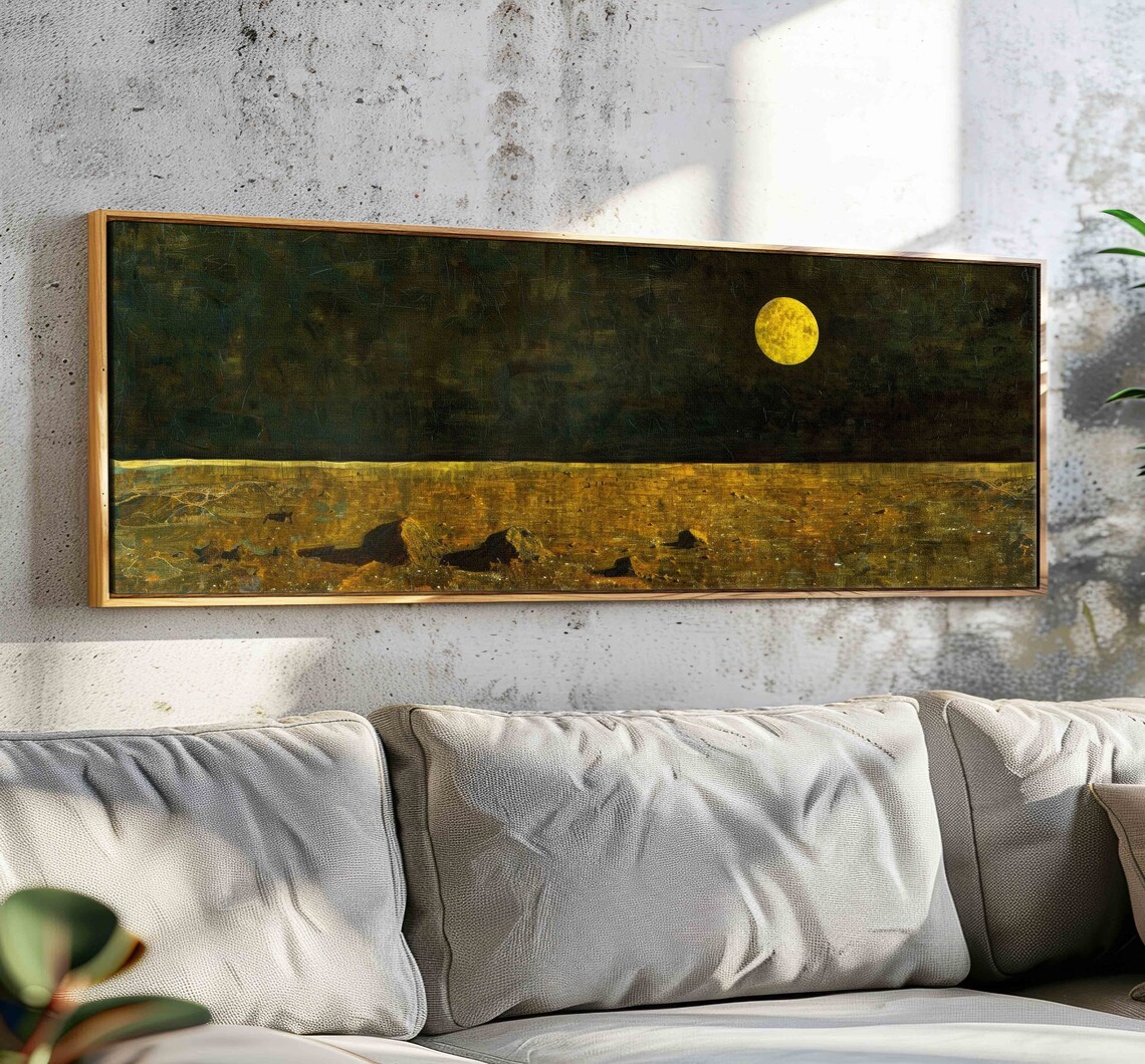Golden Full Moon Dark Night Landscape Vintage Moody Wall Art Print