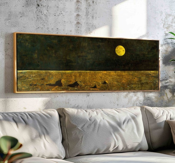Vintage Wall Art Framed Full Moon Painting Print Landscape Wall Art Print Horizontal Wall Art Panoramic Wall Art Print Above Bed Decor